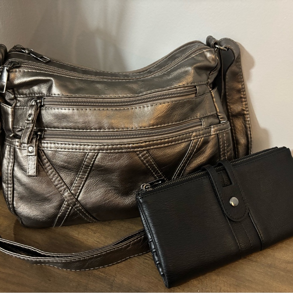 Metallic pewter crossbody squishy slouchy purse and black wallet set